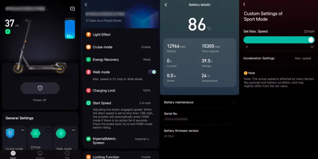 Screenshots from the Segway Ninebot smartphone app with the G2 connected